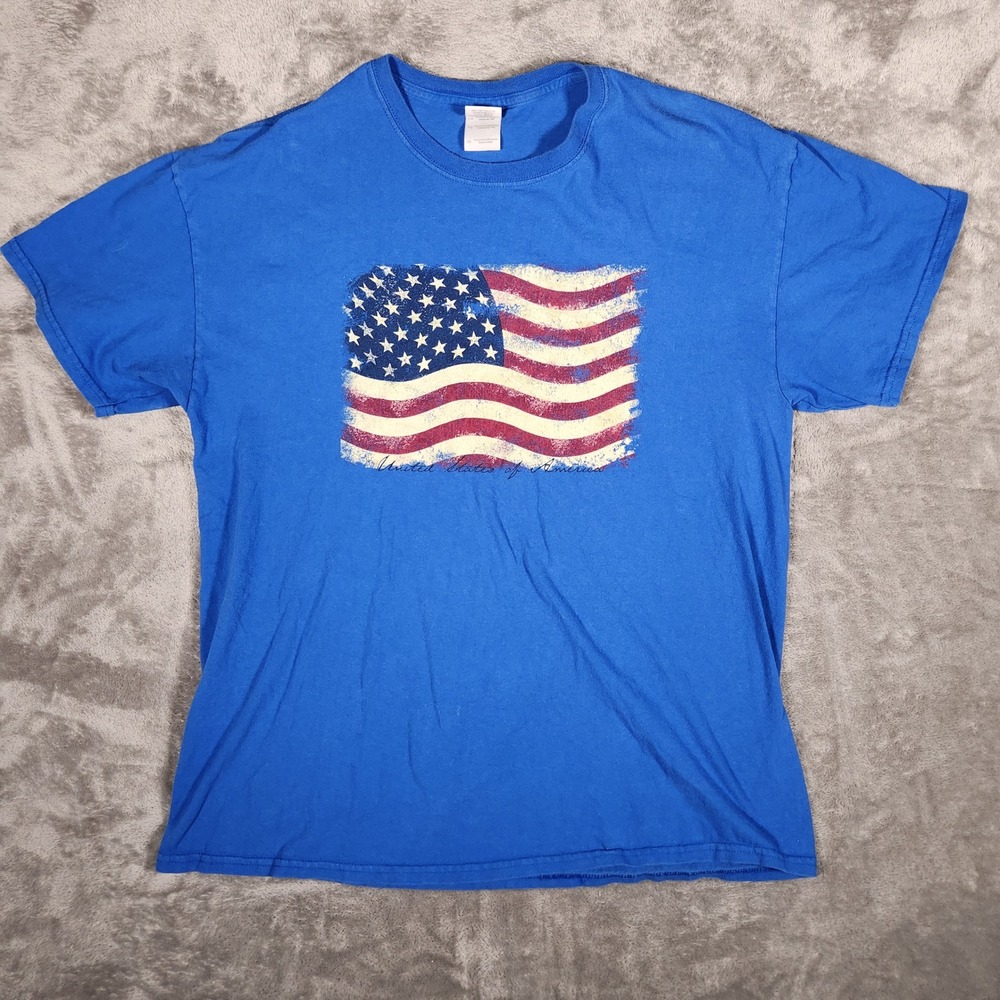 Gildan T-Shirt Mens XL Heavy Cotton Blue American Flag Graphic EUC